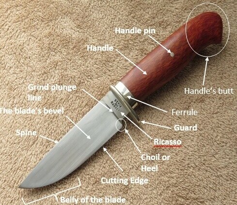 A photo of a knife showing the different parts